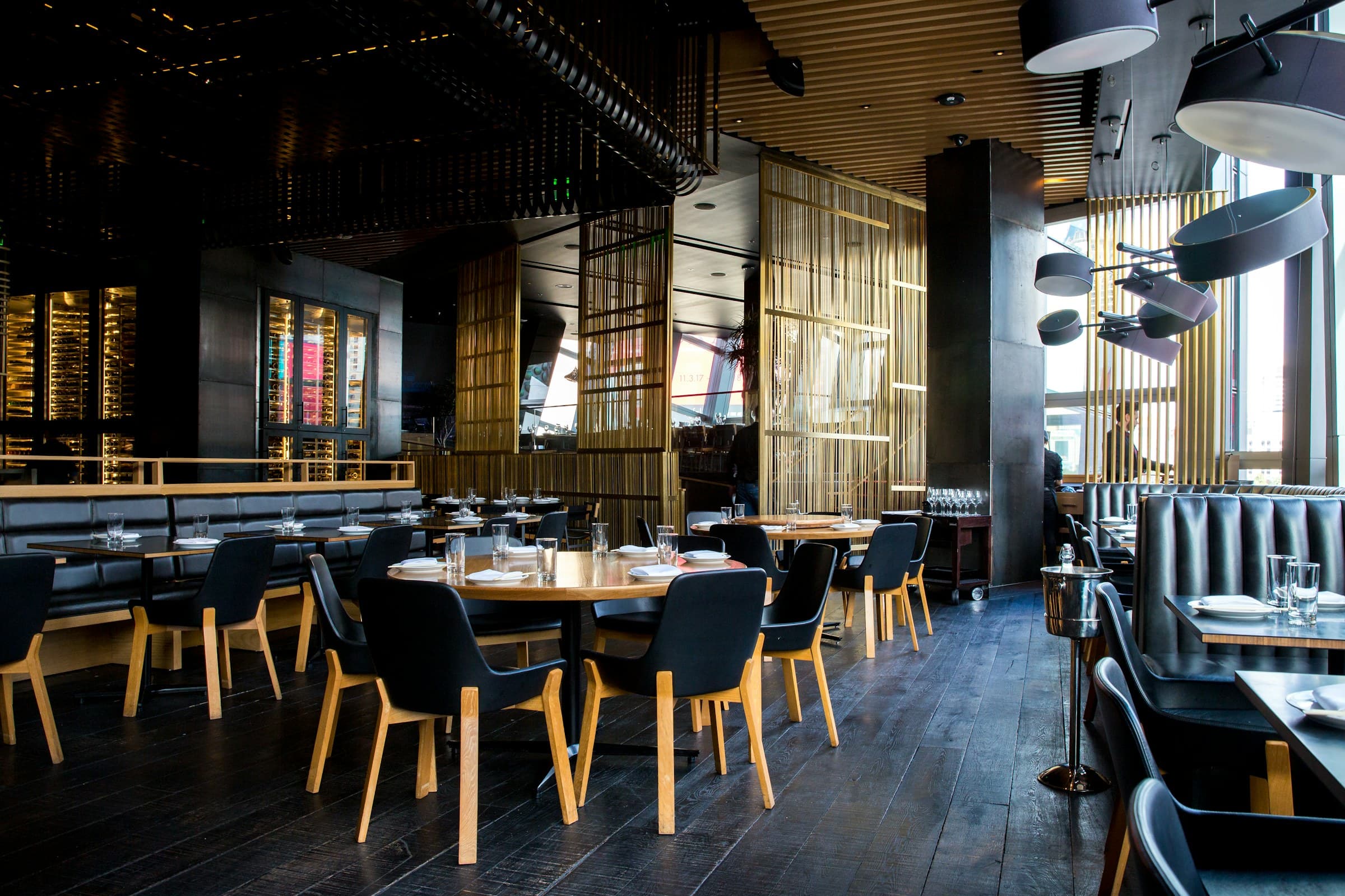 An intimate, low-lit dining room