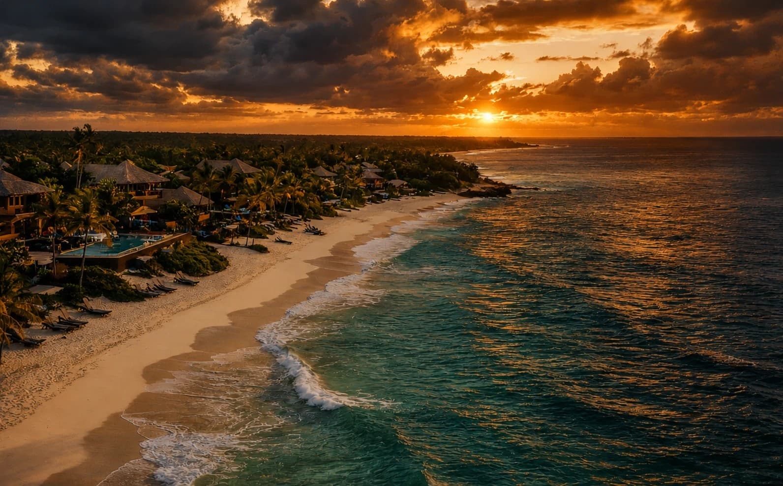 An aerial view of a tropical resort beach at golden-hour sunset